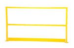 Discover the Vestil Safety Handrail W/ Toeboard 48: a yellow metal guardrail with a stable base, featuring a horizontal top rail, mid-rail, and bottom panel in its rectangular frame, ideal for construction or industrial sites.