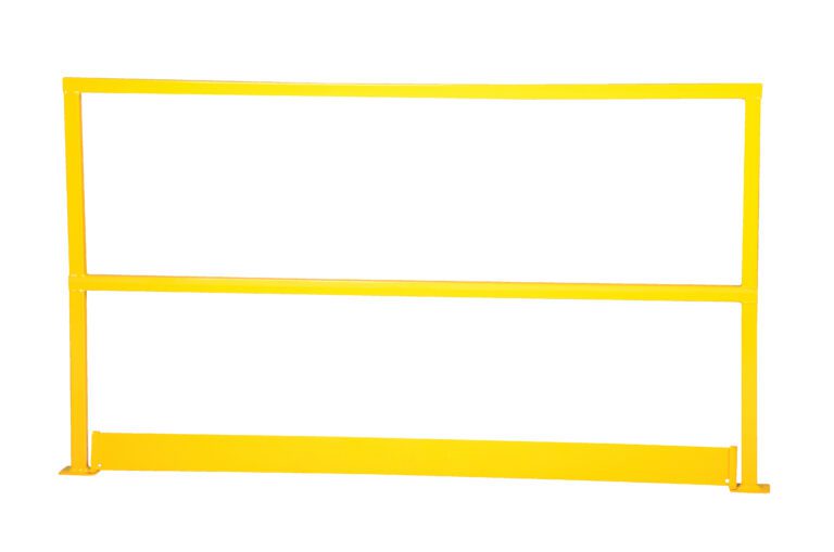 Discover the Vestil Safety Handrail W/ Toeboard 48: a yellow metal guardrail with a stable base, featuring a horizontal top rail, mid-rail, and bottom panel in its rectangular frame, ideal for construction or industrial sites.