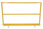 The Vestil Safety Handrail W/Hardware & Toeboard 60 is shown on a white background, showcasing its yellow metal barrier with a base support, two horizontal bars, and eight ground bolts.