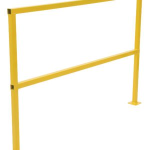 The Vestil Square Safety Handrail No Toeboard 60, with its vibrant yellow finish, features two vertical posts and horizontal bars. This 60-inch freestanding structure offers crowd control and stability with sturdy square base plates at the bottom of each post.