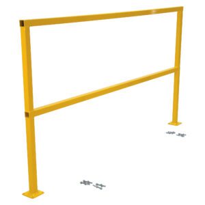 The Vestil Safety Handrail-W/Hardware No Toeboard 72 in yellow features two horizontal bars with vertical supports and includes mounting screws and bolts, making it ideal for crowd control or safety purposes.