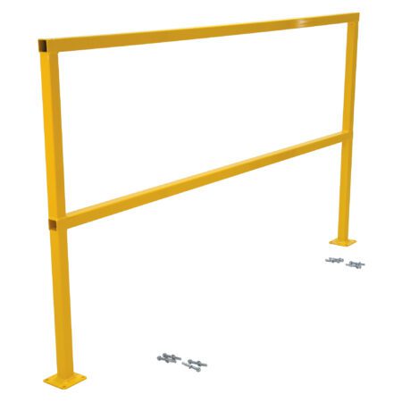 The yellow metal safety railing, like the Vestil Safety Handrail-W/Hardware No Toeboard 84, includes two sturdy vertical posts and a horizontal bar. Several small screws and bolts are scattered on the white floor at its base.