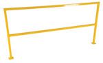 The Vestil Square Safety Handrail No Toeboard 84 is a yellow metal railing featuring a rectangular form with two vertical legs, a top horizontal bar, an extra mid-section horizontal support, and flat-based legs for stability on a plain white background.