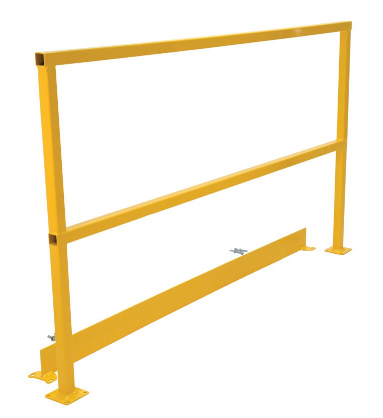 The Vestil Safety Handrail-W/Hardware & Toeboard 96 features a sturdy yellow metal rectangular guardrail system with a horizontal top rail, mid-rail, and base for secure attachment to flat surfaces, ensuring stability and protection.