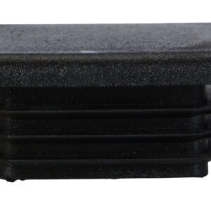 The Vestil Square Safety Handrail Plastic End Cap is a black, rectangular plastic cap with a textured surface and ribbed sides, designed to fit snugly into and cover the end of a hollow rectangular tube or pipe for protection and a polished finish.