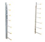 The Vestil Wall Mounted Material Rack, holding up to 1000 lbs, features two vertical metal racks with horizontal arms, each ending in a yellow cap. Ideal for storage or organization, its set against a white background.