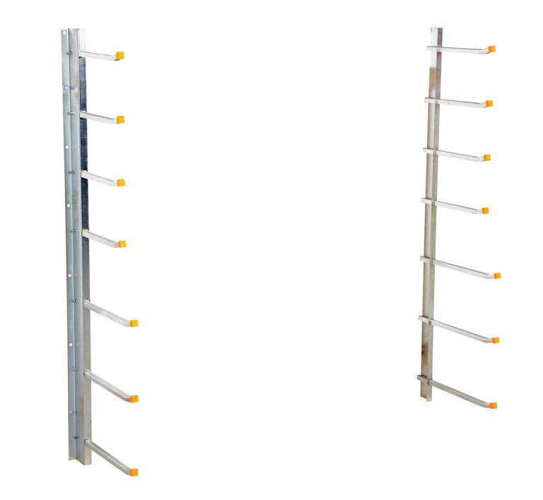 The Vestil Wall Mounted Material Rack, holding up to 1000 lbs, features two vertical metal racks with horizontal arms, each ending in a yellow cap. Ideal for storage or organization, its set against a white background.
