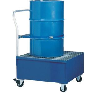 The Vestil Spill Pallet-Vertical 600Lb 34X34X40 safely secures a blue industrial drum vertically on a wheeled cart with handle, grated platform, and drain basin—ideal for transporting or storing liquids.