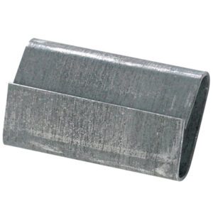 Close-up of a metal oval sleeve crimp with a textured silver surface, resembling the MH-USA 1/2 Closed/Thread On Regular Duty Steel Strapping Seals (5000/Case), commonly used for securing cables or wires.