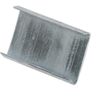 A rectangular, silver metal buckle or clip with a slightly curved profile, like the MH-USA 3/4 Open/Snap On Regular Duty Steel Strapping Seals (5000/Case), featuring a smooth surface with texture marks, perfect for efficiently binding or securing items.