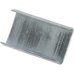 The silver metallic crimping sleeve, similar to MH-USA 5/8 Open/Snap On Regular Duty Steel Strapping Seals (5000/Case), is rectangular with curved edges. Set against a plain white background, its textured surface suggests a rough finish.