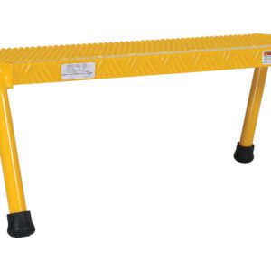 The yellow Vestil Alum Step Stand features four black-capped legs for better grip and stability and a textured surface for slip resistance, making it a practical and sturdy choice for any task.
