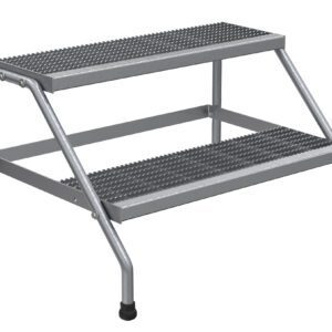 The Vestil Aluminum Wide 2-Step Stand - Knock Down is a metal ladder featuring grooved, nonslip treads and a sturdy frame for enhanced stability. Rubber-capped legs provide extra protection, while its easy assembly ensures convenience and reliability.