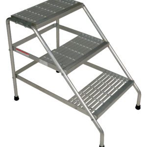 The Vestil Aluminum Step Stand Knock Down 3-Step includes a metal frame with three perforated steps and rubberized feet, offering stability. Its lightweight yet durable and versatile for indoor or outdoor use.