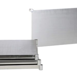 Three metal plates with rounded corners, like the Vestil Stainless Steel Shelving Kit 36 X 24 In, are stacked on the left and one stands on the right. Their reflective surfaces and industrial look sharply contrast against a plain white background.