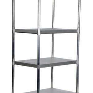 The Vestil Stainless Steel Shelving 36 x 24 In features four adjustable shelves supported by sturdy metal posts. Its sleek, functional design suits diverse storage needs and is showcased empty against a pristine white background.