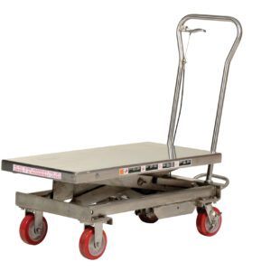 The Vestil Stainless Steel Scissor Cart 1000 Lbs, featuring a hydraulic lift and four red wheels, has a flat surface for transporting up to 1000 lbs. Its sturdy metal handle ensures functionality while its durable stainless steel construction guarantees longevity.