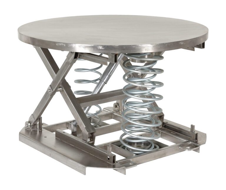 SST-45-PSS-ST_A.jpg The Vestil Spring Scissor Table Part Ss Solid 4,500 is a round, industrial metal table with a smooth top and exposed coiled springs underneath, featuring robust metal supports and mechanical appeal perfect for any workshop.