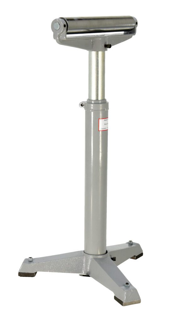 The Vestil Horizontal Roller Stand 33 to 43 In features a sturdy three-legged base and durable roller, expertly supporting long, heavy materials like wood or metal in workshops for reliable and precise guidance on any project.
