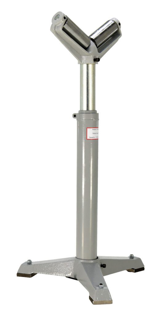 STAND-G-V-HP_A.jpg The Vestil V Roller Stand 33 To 43 In Range is a silver metal adjustable V-shaped stand with a sturdy tripod base, perfect for supporting pipes or items during tasks like sawing or welding.