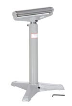 The Vestil Horizontal Roller Stand 27 to 42 In features a cylindrical roller atop a sturdy three-legged base, includes an allen wrench for easy adjustments, and is ideal for supporting long materials during cutting or shaping.