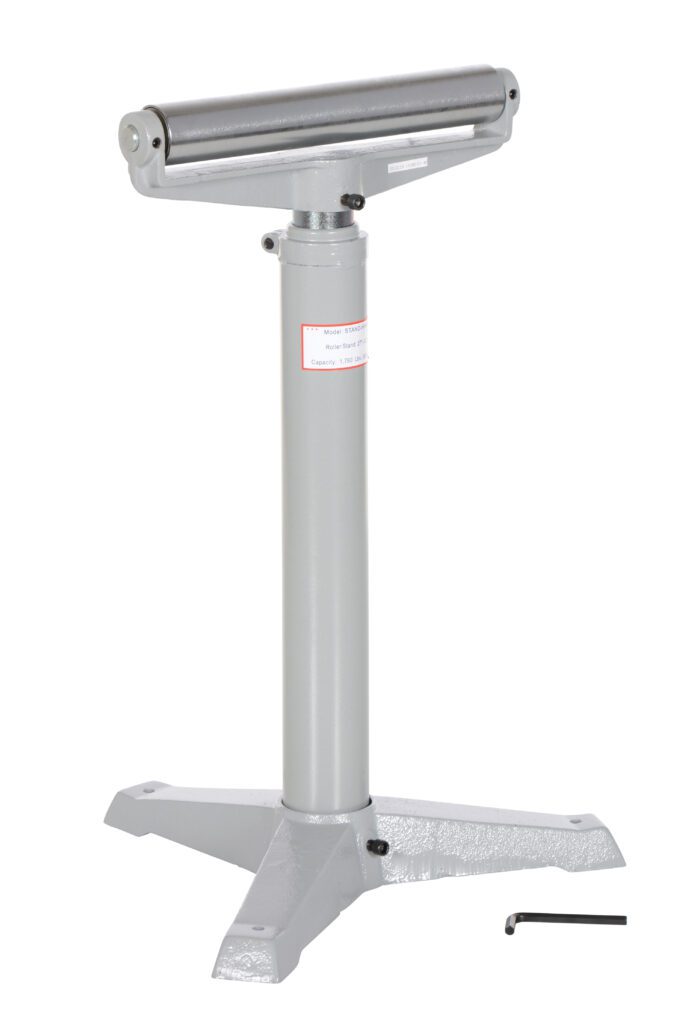The Vestil Horizontal Roller Stand 27 to 42 In features a cylindrical roller atop a sturdy three-legged base, includes an allen wrench for easy adjustments, and is ideal for supporting long materials during cutting or shaping.