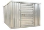 The Vestil Storage Building - Double - Galvanized features a double-layered, corrugated metal texture and a secure padlocked door. Its rectangular design with a galvanized silver finish ensures durability, and the door is conveniently on the right side of the front wall.