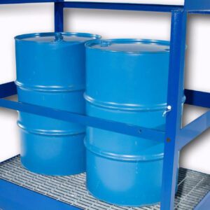 Two blue metal barrels are secured on a gray grate within a sturdy blue storage rack enhanced by the Vestil Drum Pallet - Security Bar Option, offering extra stabilization with horizontal bars.