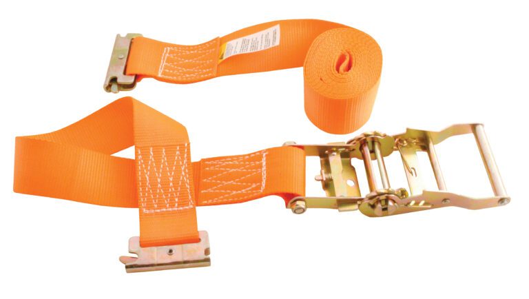 STRAP-12-RE_A.jpg The Vestil Ratcheting Cargo Strap With E-Clip includes a rolled strap and a shorter strap with a metal ratchet buckle and flat hooks at both ends, featuring reinforced stitching for extra durability.