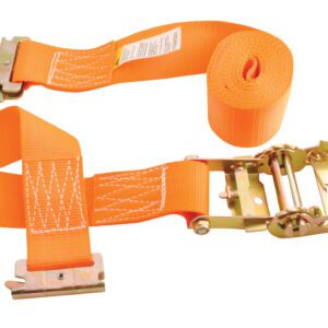 The Vestil Ratcheting Cargo Strap With E-Clip includes a rolled strap and a shorter strap with a metal ratchet buckle and flat hooks at both ends, featuring reinforced stitching for extra durability.