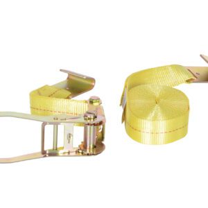 The image displays two yellow Vestil Ratcheting Straps With Flat Hook 27 In on a white background. One strap is neatly rolled with a hook, while the other is extended, highlighting its mechanism and hook in detail.