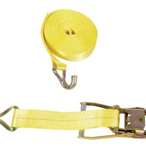 The Vestil Ratcheting Cargo Strap With Rod Hook is displayed with a partially unrolled yellow strap on top, while below, the ratchet mechanism joins a shorter strap featuring a sturdy metal hook.