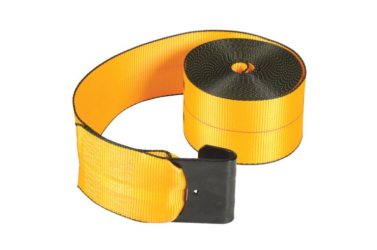 A partially unraveled, rolled-up yellow tow strap with black edges lies on a white background, similar to the Vestil Winch Strap - 30 Ft Long. One end features a strong black metal hook for secure attachment.