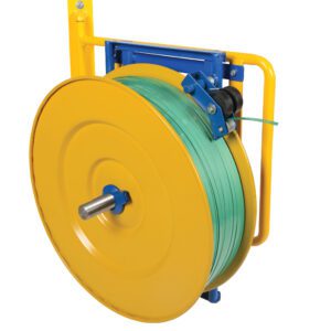 A large, yellow hose reel with a green hose is mounted on a blue and yellow frame, resembling the durable design of the Vestil Wall-Mounted Strapping Cart. The neatly coiled hose stands out against a white background.