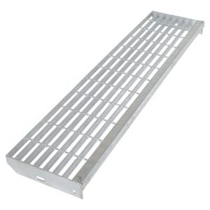 The Vestil 4 Foot Galvanized Steel Step, featuring a metallic rectangular grate with parallel bars and a solid frame, stands out against a white backdrop.
