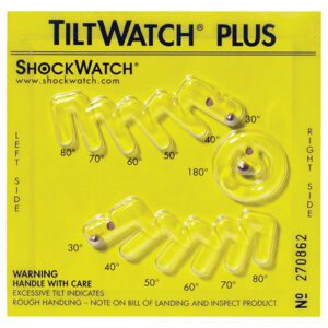 Explore the TiltWatch® Plus with Label (50/Case), showcasing a yellow label and arrow indicating tilt angles from 40° to 180°. A clear window displays a black ball to show tilt, accompanied by Handle with care text and excessive tilting warnings.
