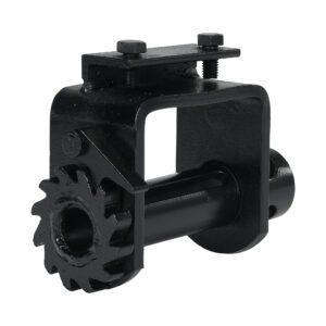 The Vestil Bolt On Truck Mounted Strap Winch is a black metal clamp with a cylindrical body, gear-like end, rectangular frame, adjustable top screws, and a central hole for secure mounting.