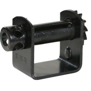 The Vestil Weld On Truck Mounted Strap Winch includes a black metal ratchet buckle with a U-shaped bracket and gear teeth for securing straps, featuring a round pin and screw on the bracket, all in a polished finish.