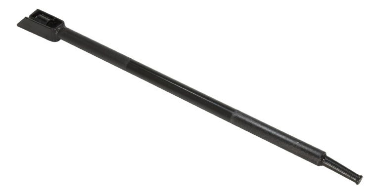 The image displays a glossy, textured Vestil Painted Winch Bar 34.5 W/ 1.25 In Dia, featuring a long black cylindrical design with a square top and narrow end, ideal for mechanical or industrial applications.