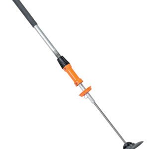 A garden tool similar to the Vestil Ergo Long Handle Stretch Wrapper is long, silver, and orange with a black handle. It has a cushioned grip and a small round cutting head at the end for precise grass trimming or edging.