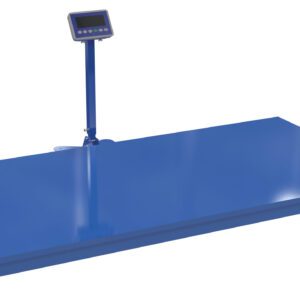 The Vestil Digital Scale Option for Swa-48 includes a large blue industrial platform with a pole-mounted digital display. It features a smooth rectangular surface and top screen, providing precise weight measurements with ease.