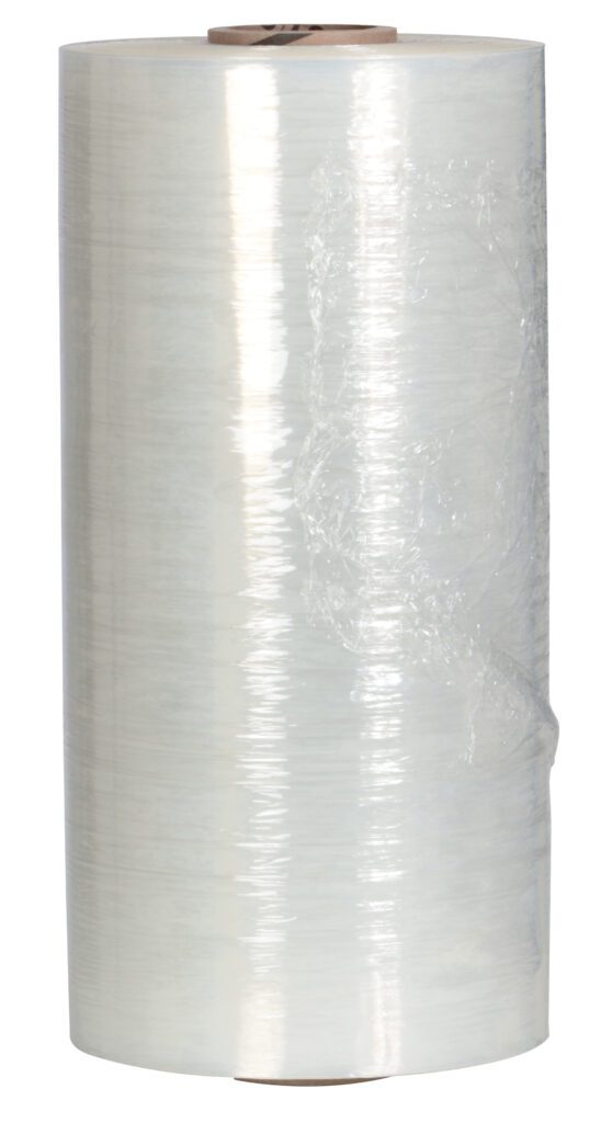 The product, a large roll of Vestil Wrap Machine Option - Stretch Wrap, stands upright and is ideal for use with a vestil wrap machine. With a tightly wound, smooth, reflective surface, its perfect for wrapping and securing items. The core is visible at both ends.