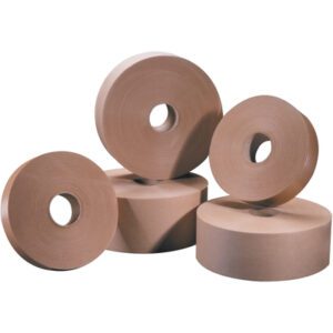 The image shows four large brown rolls of 1 1/2 x 500 Kraft Tape Logic® Lbs5000, water-activated and non-reinforced, placed unwrapped against a white background to highlight their circular form and hollow centers; sold in sets of 20 rolls per case.