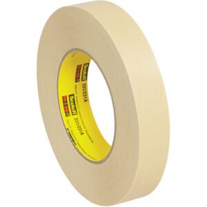 A roll of 1 x 60 yds. 3M™ 231 Masking Tape (36/Case) stands upright against a white background, showing off its smooth surface and thickness, with a yellow inner core featuring the Scotch brand label.
