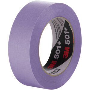 A roll of 1 x 60 yds. 3M Specialty High Temperature Masking Tape 501+ (36/Case) stands upright, showcasing its round shape and adhesive edge. The inner core features 3M branding in black and red on white, indicating premium quality.