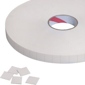 A large roll of white self-adhesive foam tape with a red backing is visible through the core. Nearby are five Tape Logic® 1/32 double-sided foam squares (1/2 x 1/2), showcasing versatile applications.