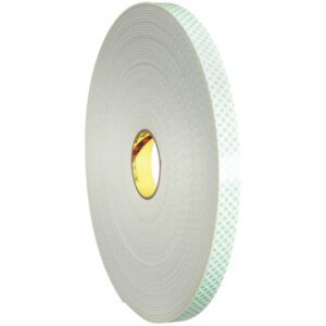 The product displayed is a 1/2 x 36 yds. (1 Pack) 3M™ 4008 Double Sided Foam Tape, featuring a gray surface and green checker pattern on the adhesive side, visible at the edge. The tape coil has a yellow core at the center.