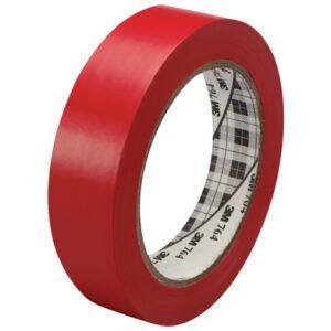 A case of 36 rolls of 1 x 36 yds. Red 3M General Purpose Vinyl Tape 764, featuring a plaid-patterned core and a smooth, neatly wound surface.