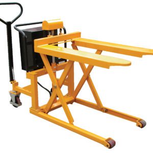 The Vestil Tote-A-Load DC Powered pallet jack features a 27x43 fork size and comes in yellow with a black handle and red wheels. Its scissor lift design efficiently elevates goods on a white backdrop.