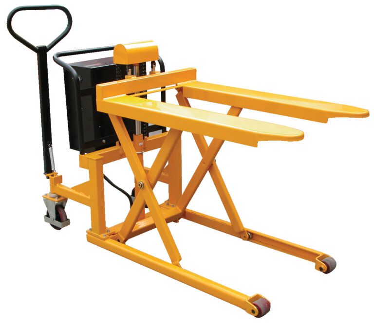 The Vestil Tote-A-Load DC Powered pallet jack features a 27x43 fork size and comes in yellow with a black handle and red wheels. Its scissor lift design efficiently elevates goods on a white backdrop.